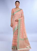 Linen Silk Peach Casual Wear Jacquard Work Saree